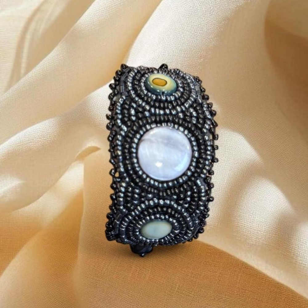 Fairycore Black Beaded Leather Cuff Bracelet • Boho Artisan  Handmade-style bead